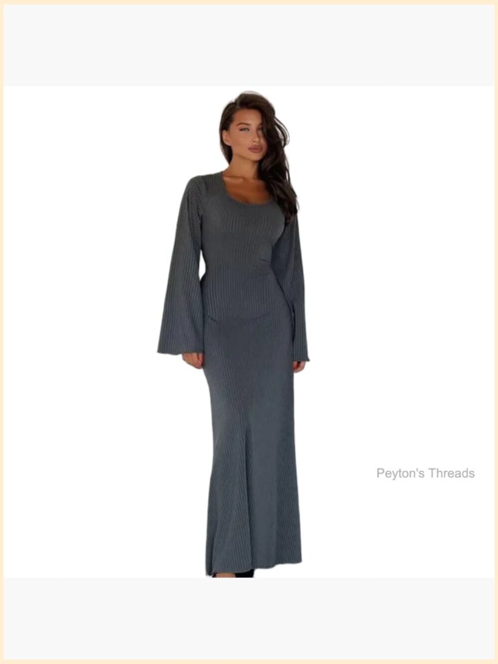 Scoop Neck Lace Up Ribbed Maxi Dress Knit Flare Sleeve Bodycon Long Dress - Picture 7 of 7